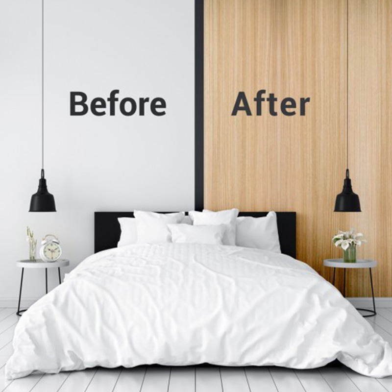 Cover folije v emitaciji lesa za spremembo izgleda stene - pred in po namestitvi.