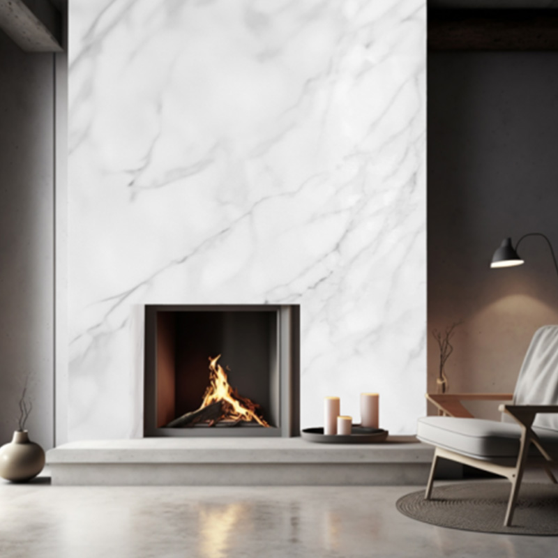 Cover folije v emitaciji marmorja za dekoracijo stene s kaminom.