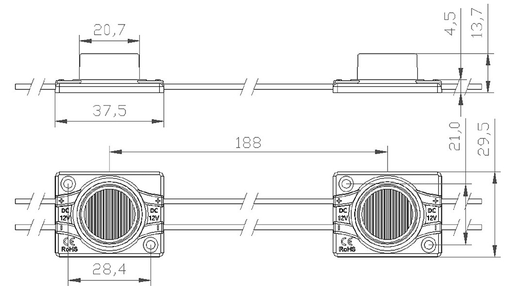 LED moduli MN EdgeLight 1LED - dimenzije