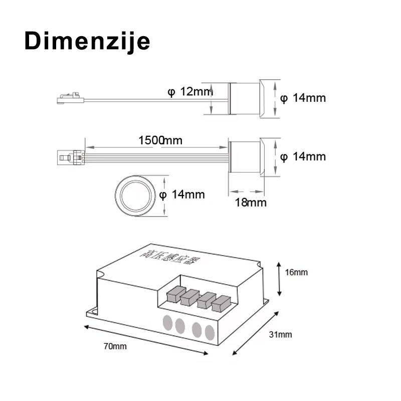 JL53-TM senzor LED na dotik 220V - dimenzije