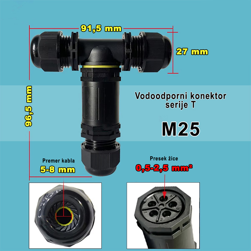 Vodoodporni konektor serije T M25 - dimenzije