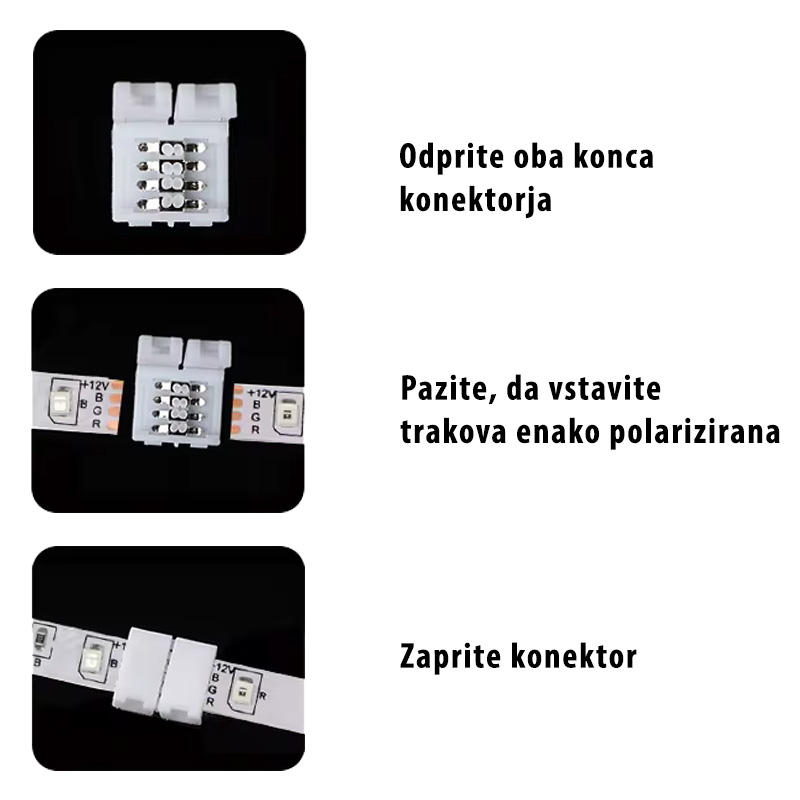 Povezovalni konektor 4-pin, 10mm, RGB, dvostranski - način priključitve